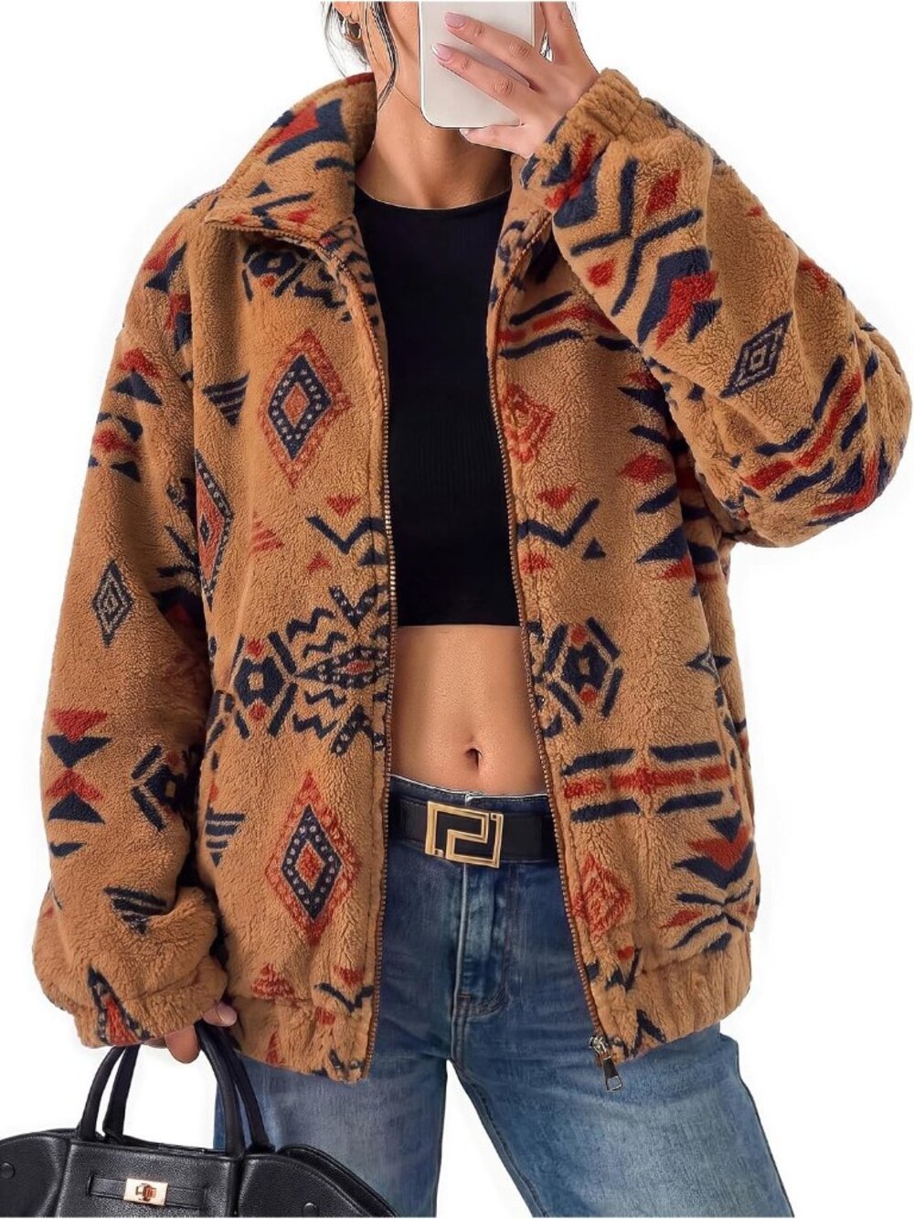 Women's Dark Khaki Long Sleeve ZIP Teddy Coat Oversized Sherpa Fleece Jacket